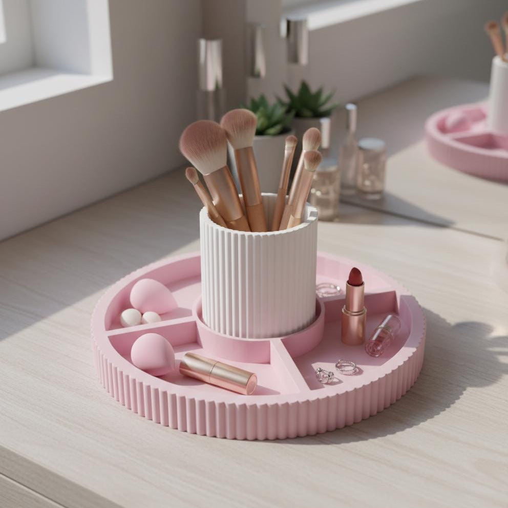 2-in-1 Pink Ribbed Vanity Tray | 3D Printed Removable Makeup Brush Holder
