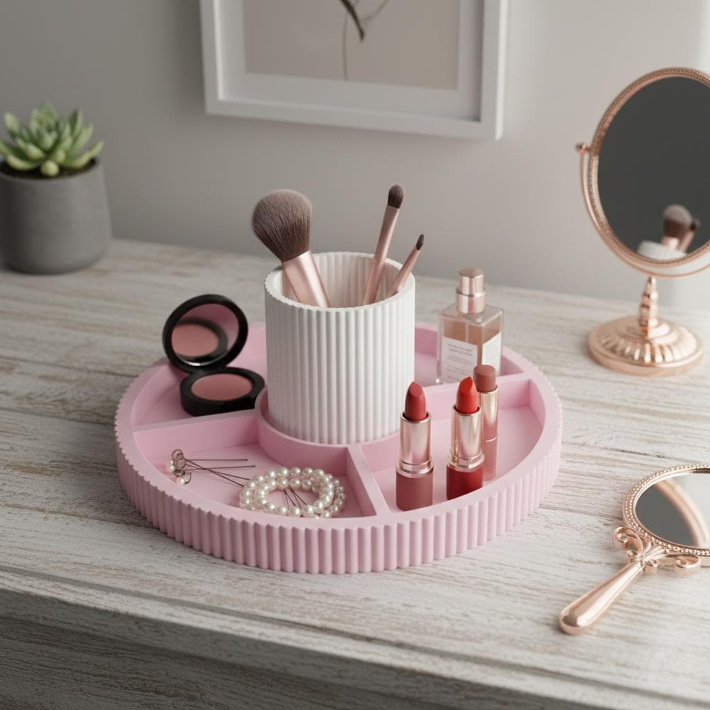 2-in-1 Pink Ribbed Vanity Tray | 3D Printed Removable Makeup Brush Holder