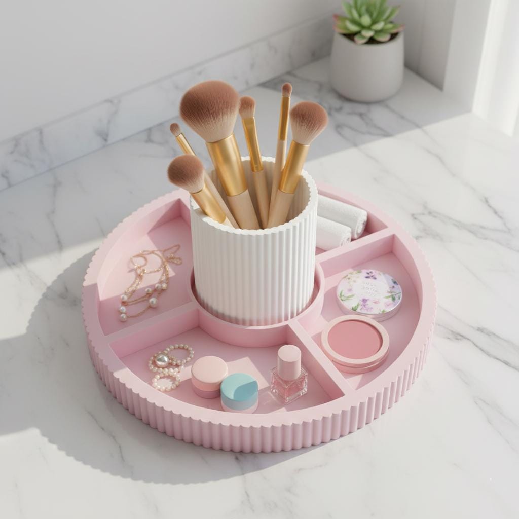 2-in-1 Pink Ribbed Vanity Tray | 3D Printed Removable Makeup Brush Holder