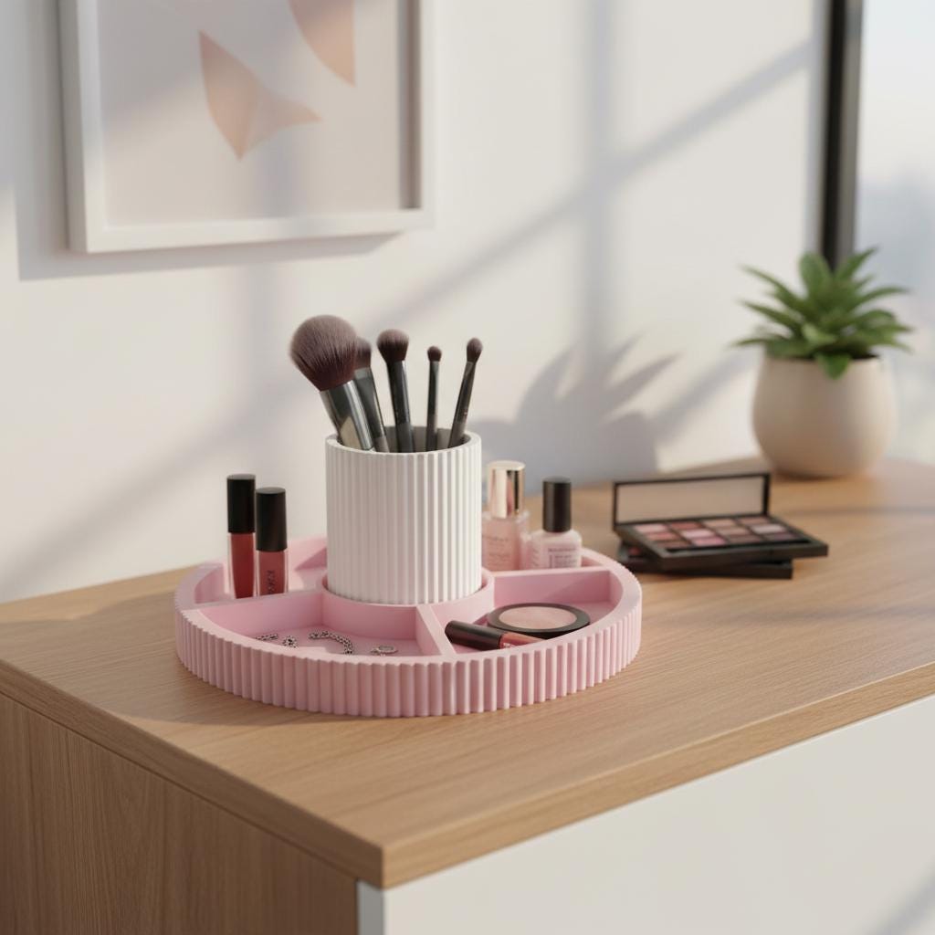 2-in-1 Pink Ribbed Vanity Tray | 3D Printed Removable Makeup Brush Holder
