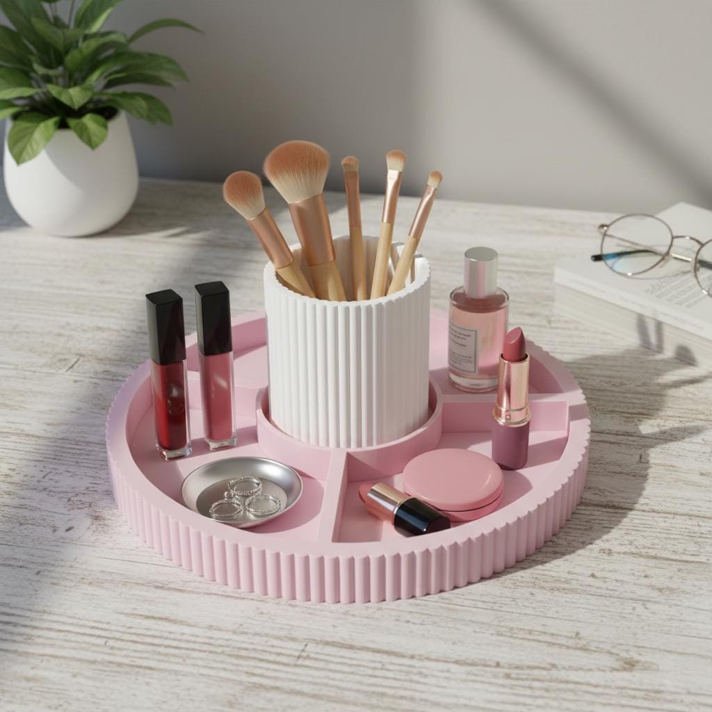 2-in-1 Pink Ribbed Vanity Tray | 3D Printed Removable Makeup Brush Holder