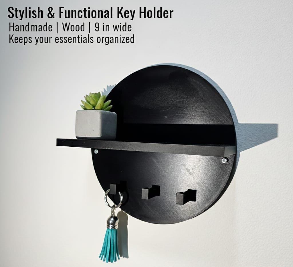 Circular Key Holder with Shelf – Modern Entryway Wall Organizer with 3 Hooks | Minimalist Drop Zone Storage Rack