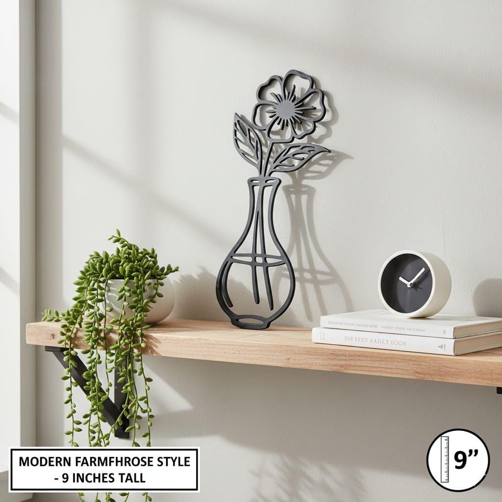 Contemporary Black Flower Sculpture – 9" 3D Printed Leaning Shelf Decor