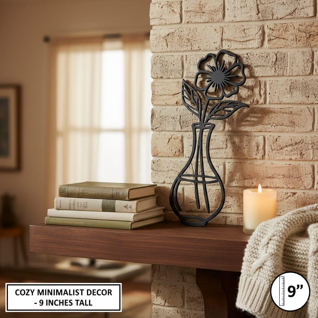 Contemporary Black Flower Sculpture – 9" 3D Printed Leaning Shelf Decor