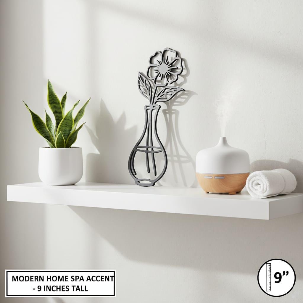 Contemporary Black Flower Sculpture – 9" 3D Printed Leaning Shelf Decor