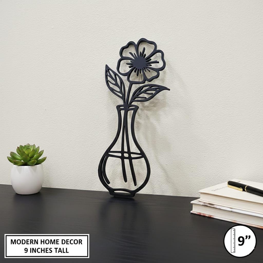 Contemporary Black Flower Sculpture – 9" 3D Printed Leaning Shelf Decor