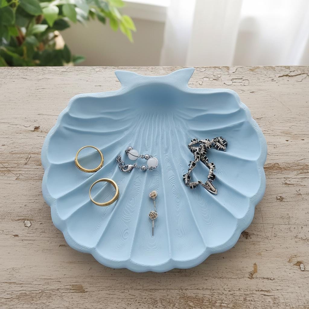 Large Scallop Shell Jewelry Dish | 6-Inch 3D Printed Coastal Ring Tray
