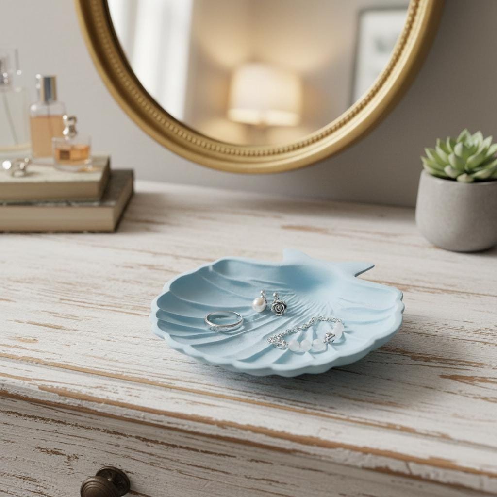 Large Scallop Shell Jewelry Dish | 6-Inch 3D Printed Coastal Ring Tray