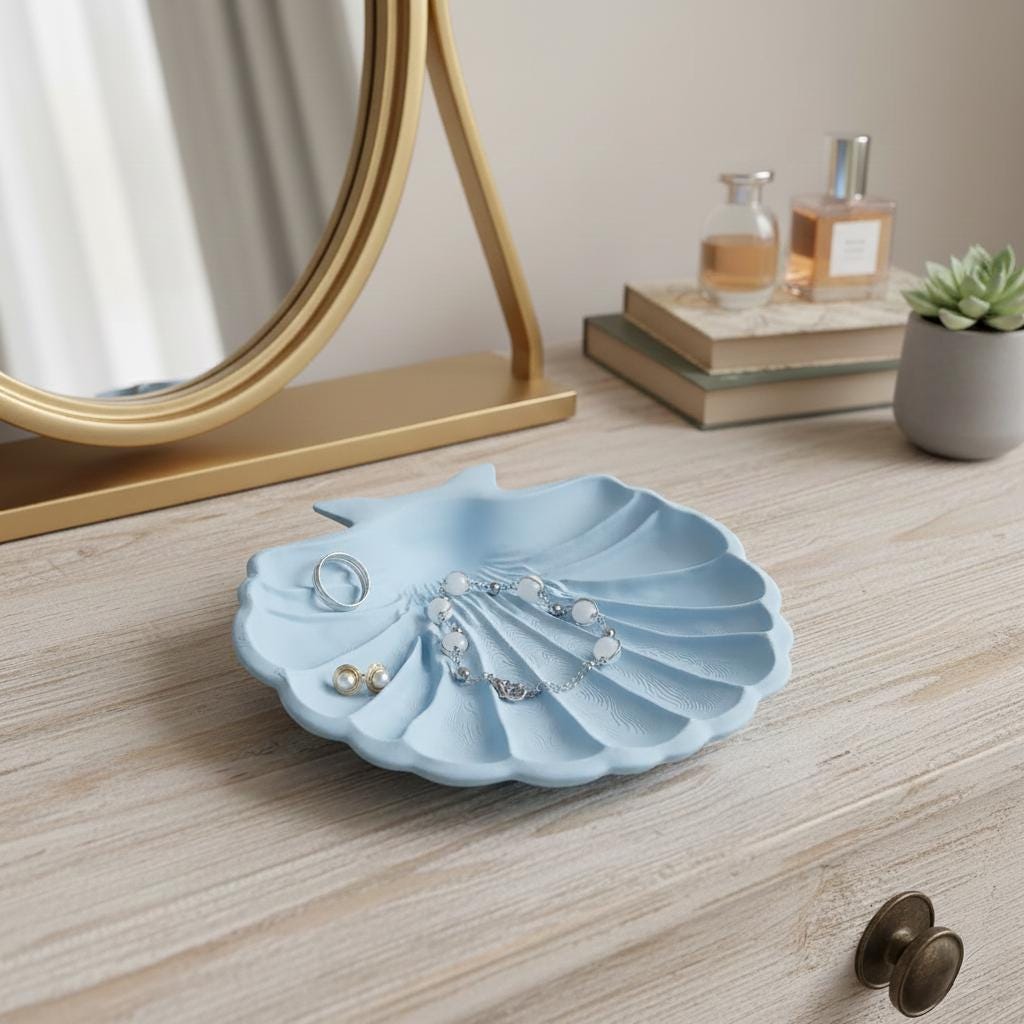 Large Scallop Shell Jewelry Dish | 6-Inch 3D Printed Coastal Ring Tray
