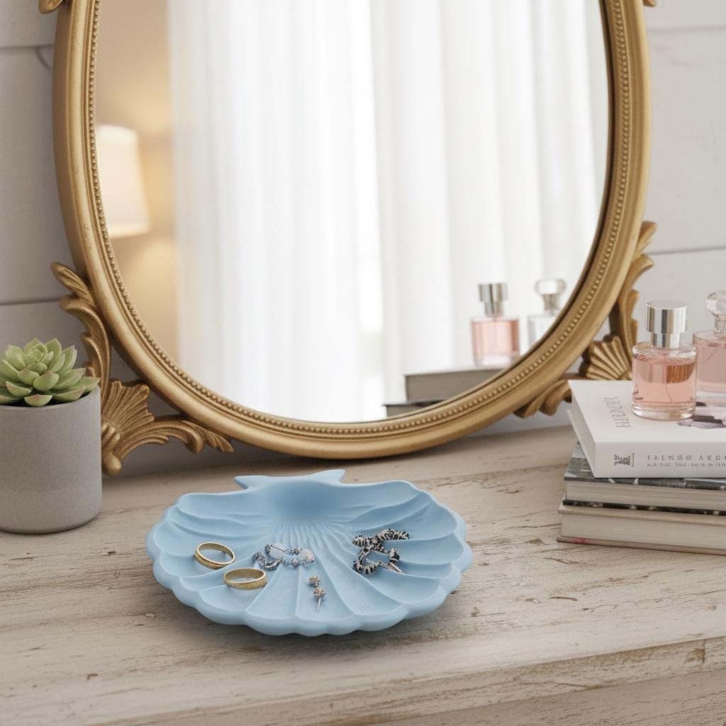 Large Scallop Shell Jewelry Dish | 6-Inch 3D Printed Coastal Ring Tray