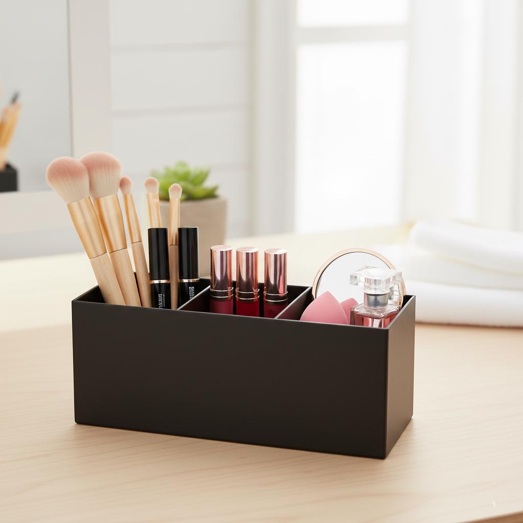 Minimalist 3-Slot Vanity Organizer – Modern Makeup Brush & Desk Pen Holder