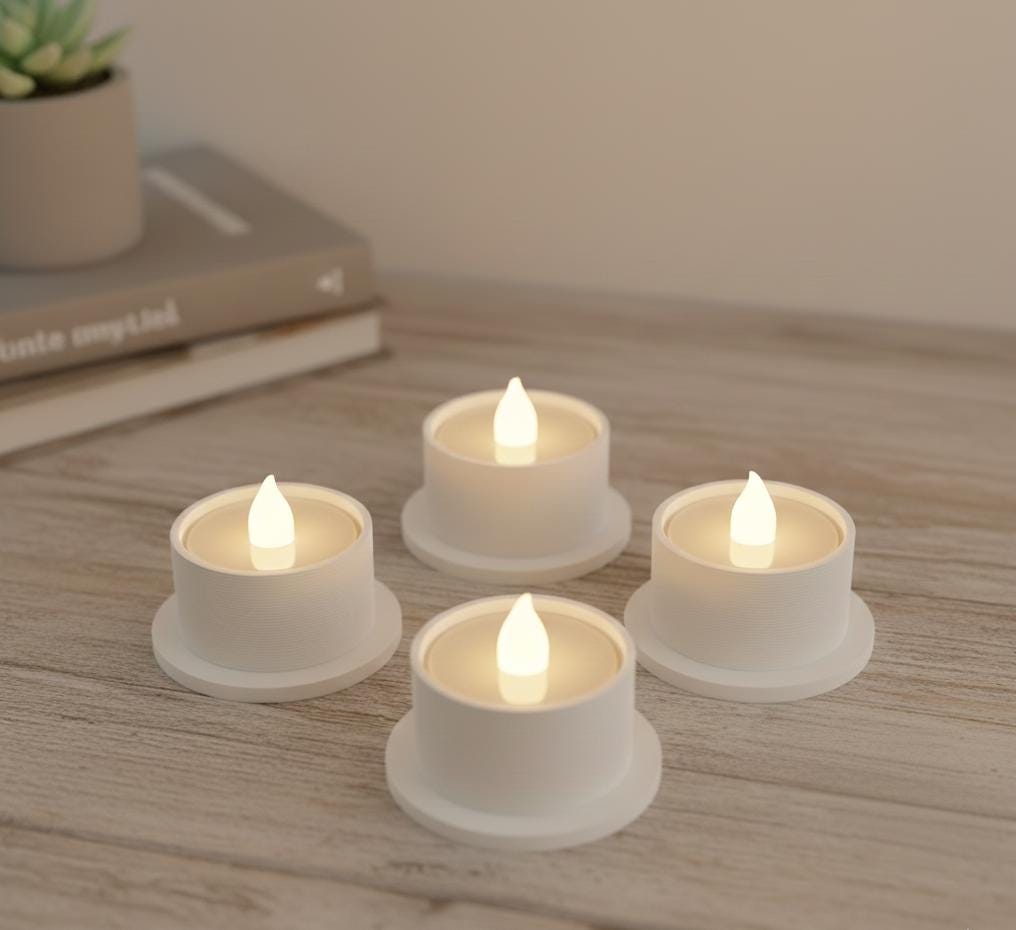 Minimalist LED Tea Light Holders Set of 4 | Modern 3D Printed White Decor