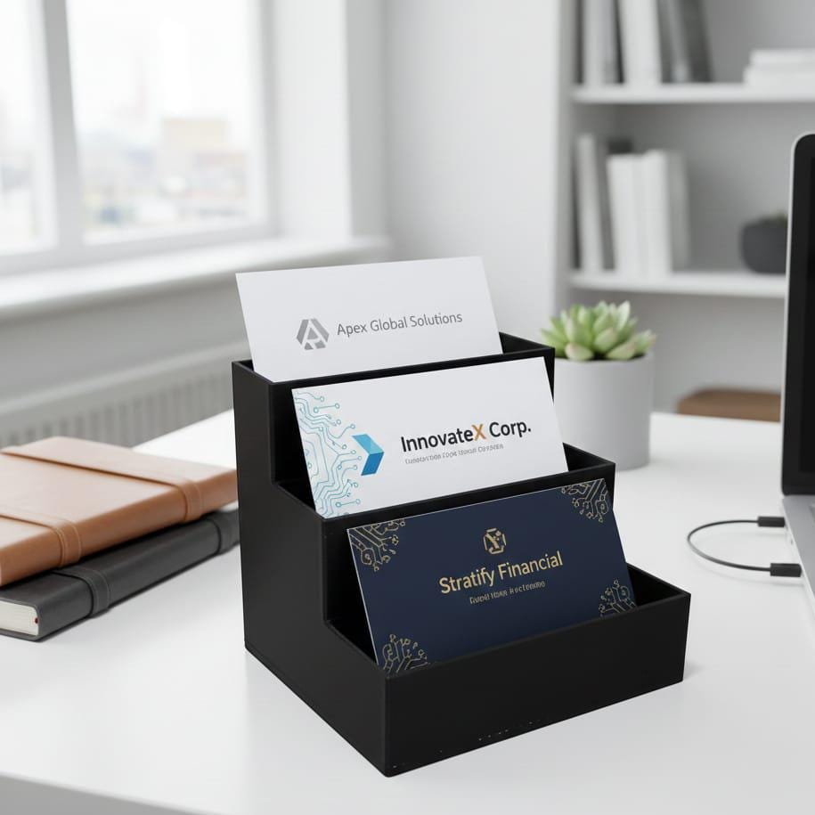 Modern 3-Tier Business Card Holder | 3D Printed Staggered Desk Organizer