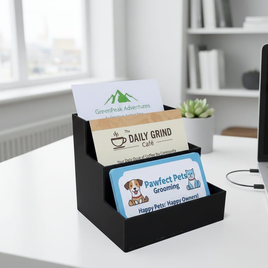 Modern 3-Tier Business Card Holder | 3D Printed Staggered Desk Organizer