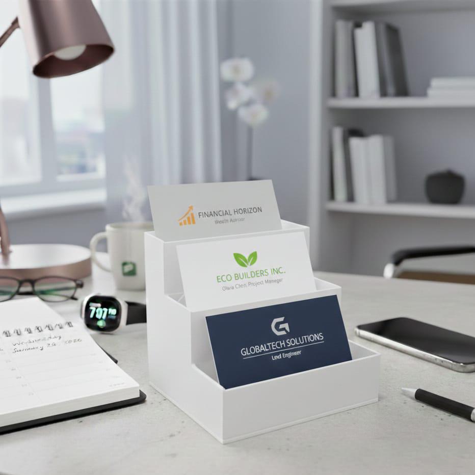 Modern 3-Tier Business Card Holder | 3D Printed Staggered Desk Organizer