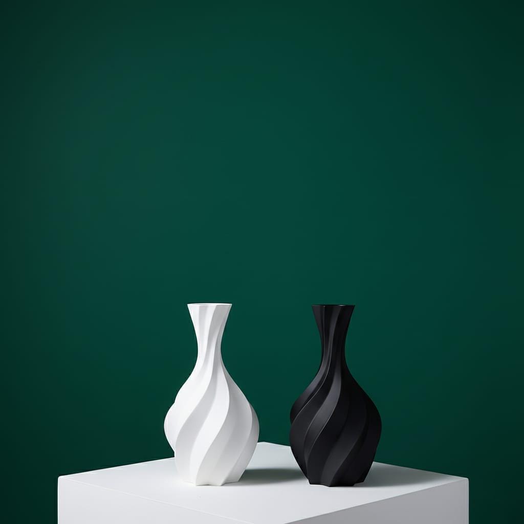 Modern Black and White Spiral Vase Set | 7-Inch 3D Printed Geometric Decor
