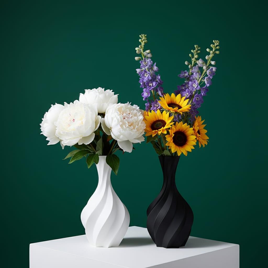 Modern Black and White Spiral Vase Set | 7-Inch 3D Printed Geometric Decor