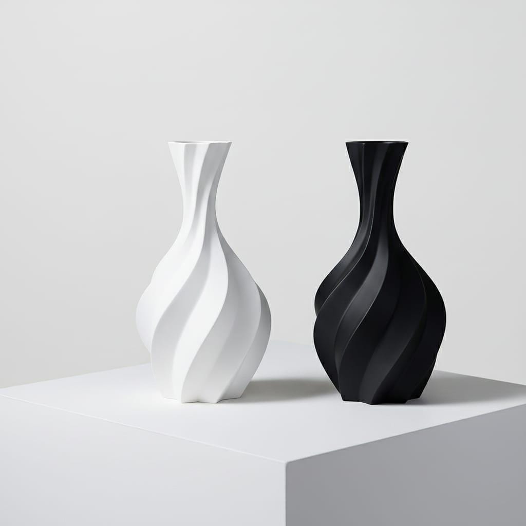 Modern Black and White Spiral Vase Set | 7-Inch 3D Printed Geometric Decor