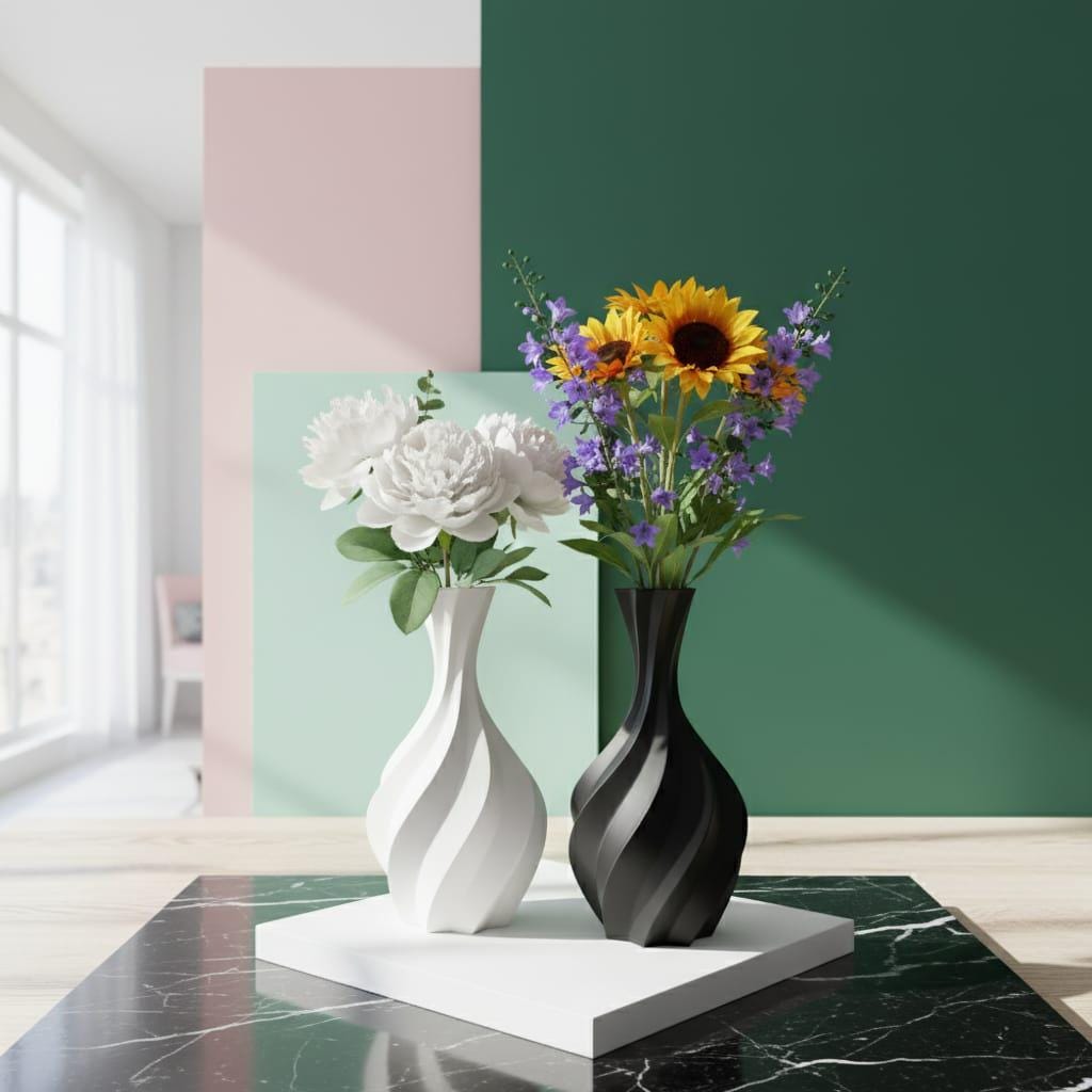 Modern Black and White Spiral Vase Set | 7-Inch 3D Printed Geometric Decor