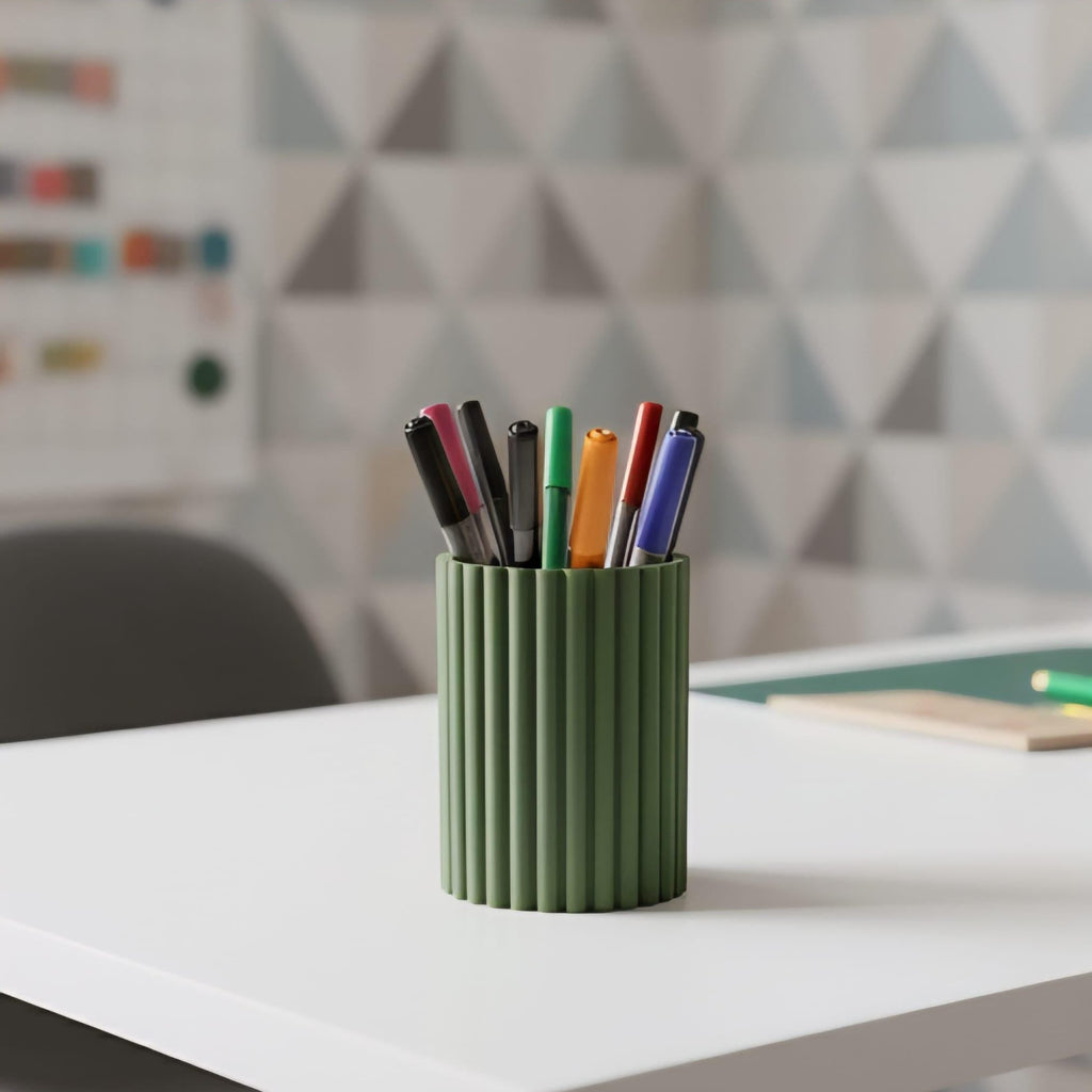 Modern Fluted 3D Printed Pen Holder | Jungle Green Desk Organizer