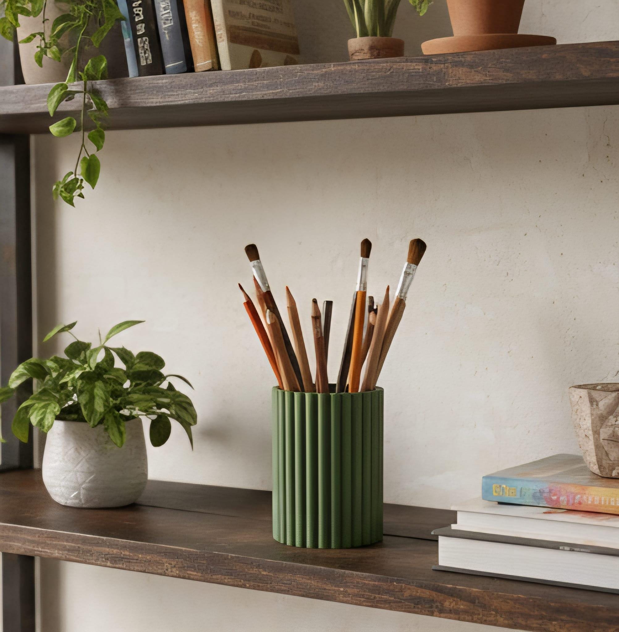 Modern Fluted 3D Printed Pen Holder | Jungle Green Desk Organizer
