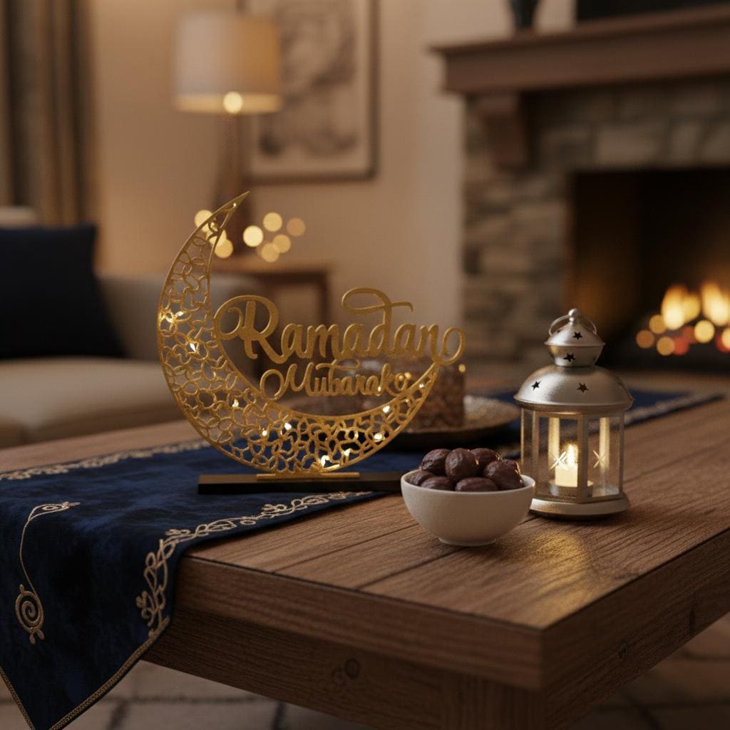 Modern Ramadan Mubarak Moon Sign | 3D Printed Gold Tabletop Islamic Decor