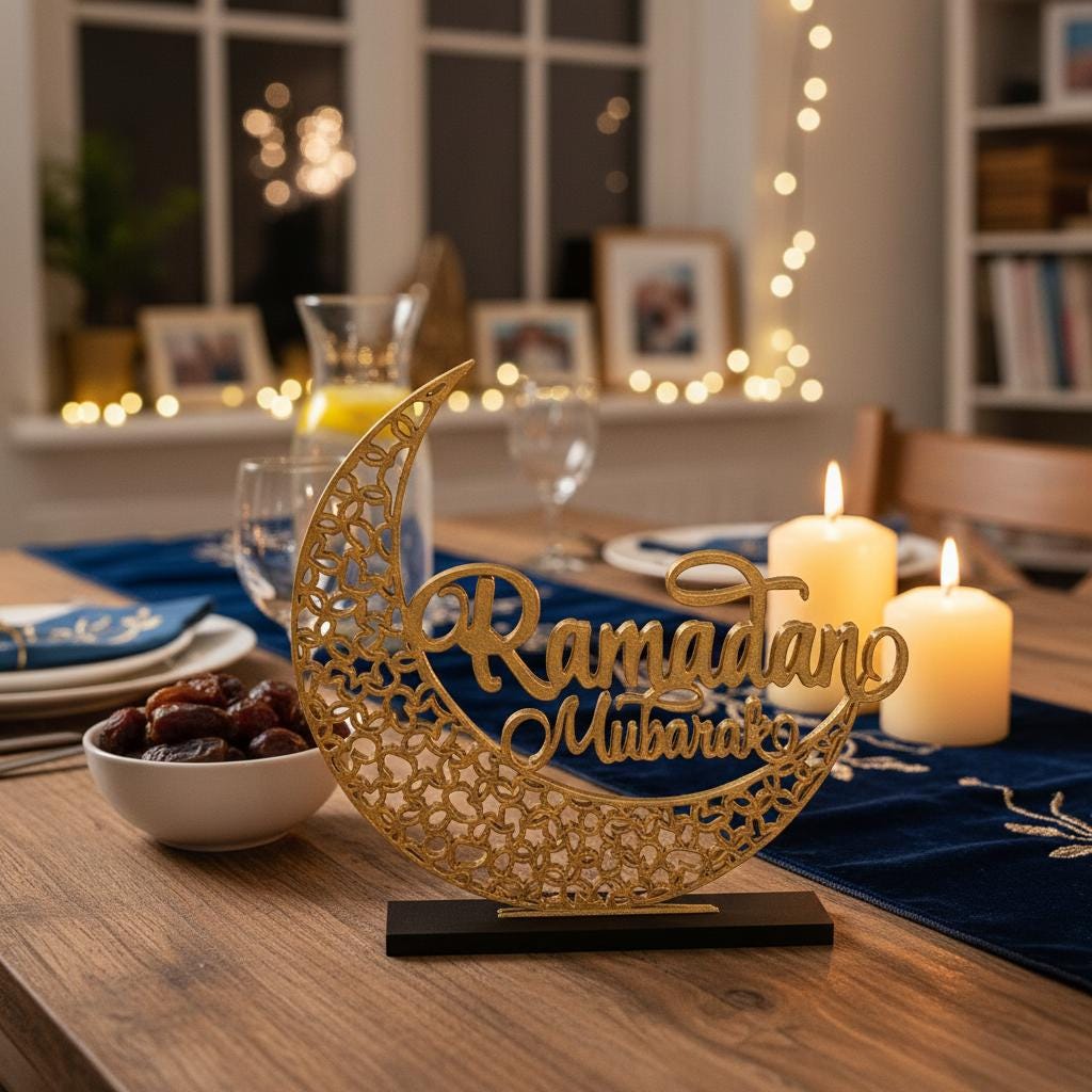 Modern Ramadan Mubarak Moon Sign | 3D Printed Gold Tabletop Islamic Decor