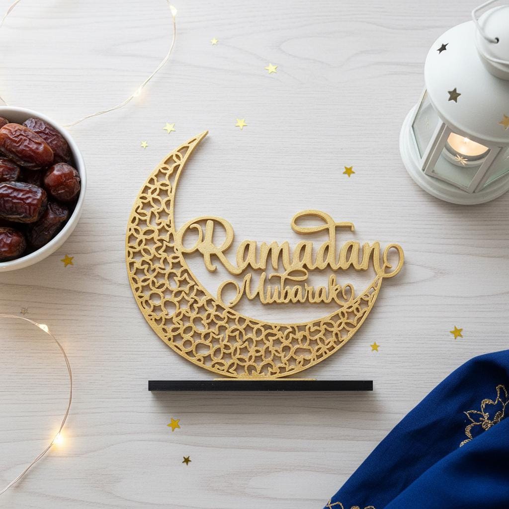 Modern Ramadan Mubarak Moon Sign | 3D Printed Gold Tabletop Islamic Decor