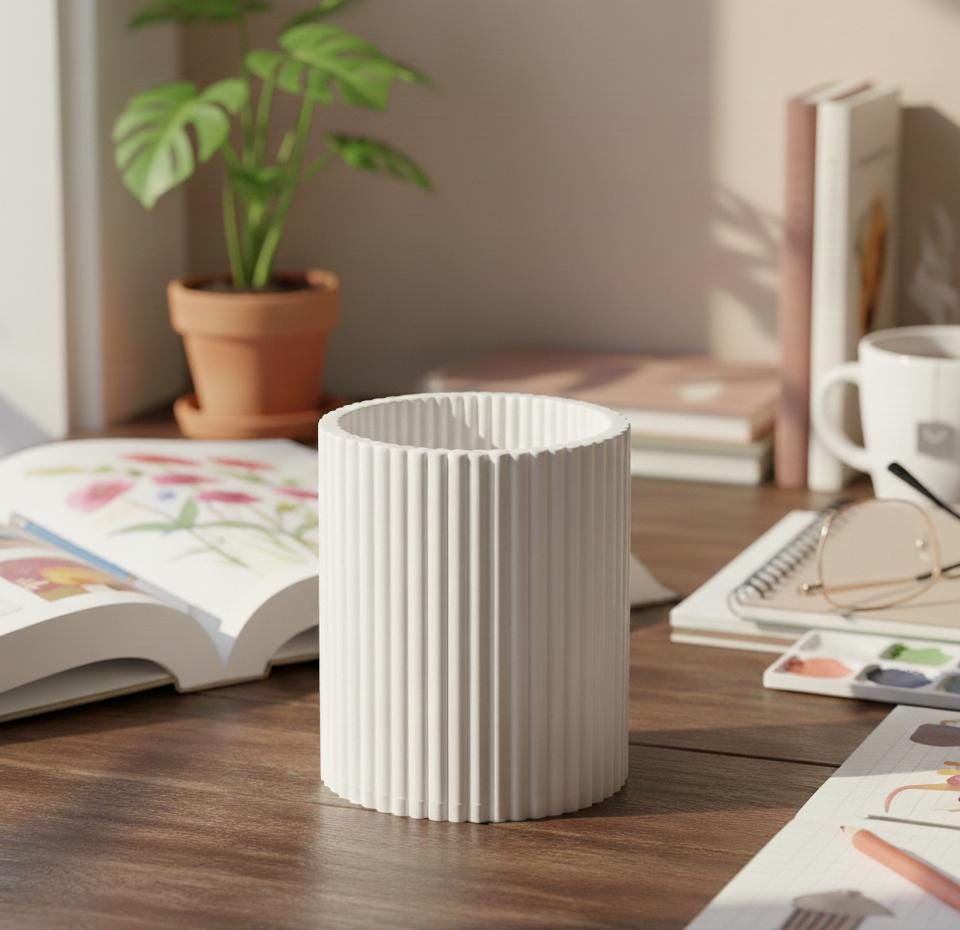 Modern Ribbed Pen Holder | 3D Printed Minimalist Desk Organizer