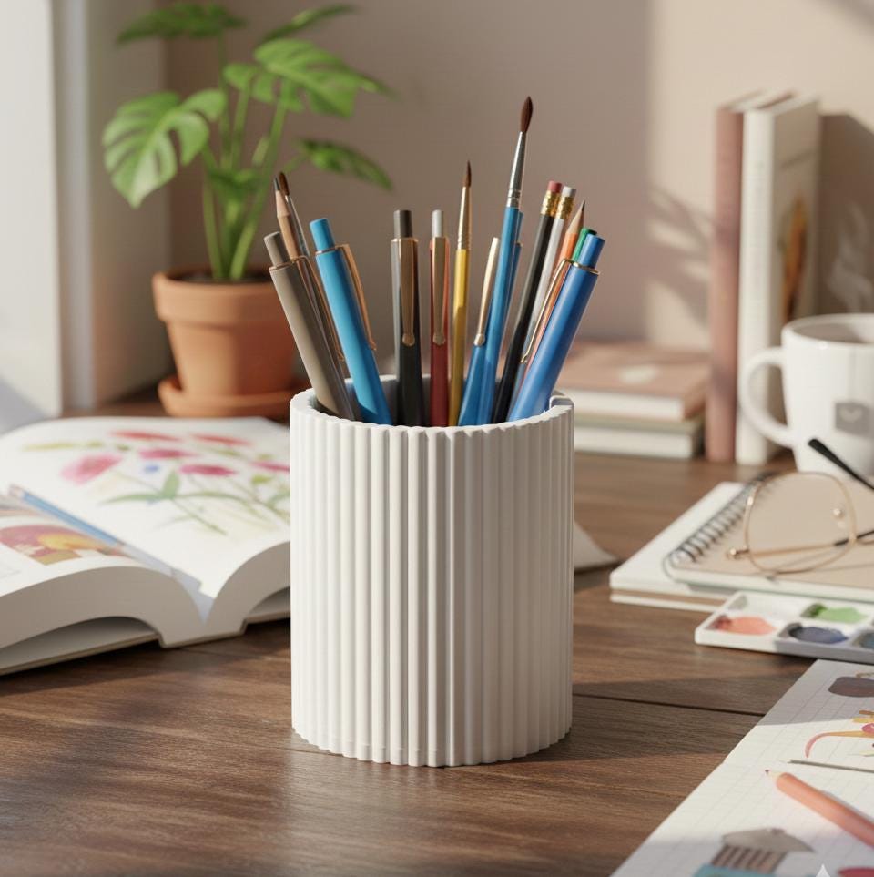 Modern Ribbed Pen Holder | 3D Printed Minimalist Desk Organizer
