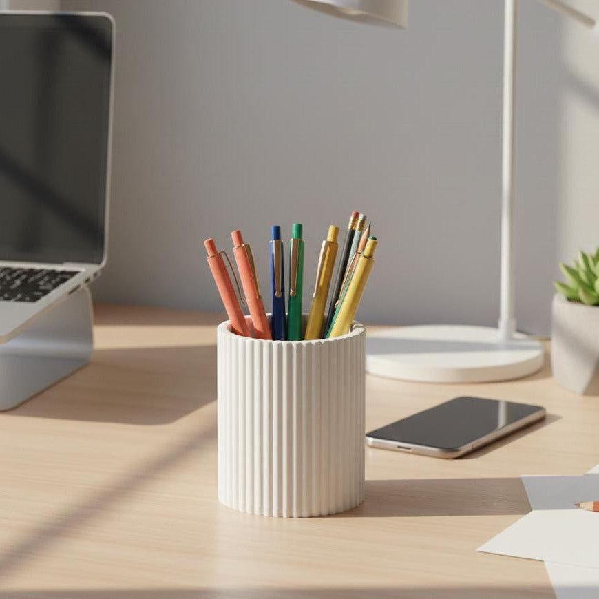 Modern Ribbed Pen Holder | 3D Printed Minimalist Desk Organizer