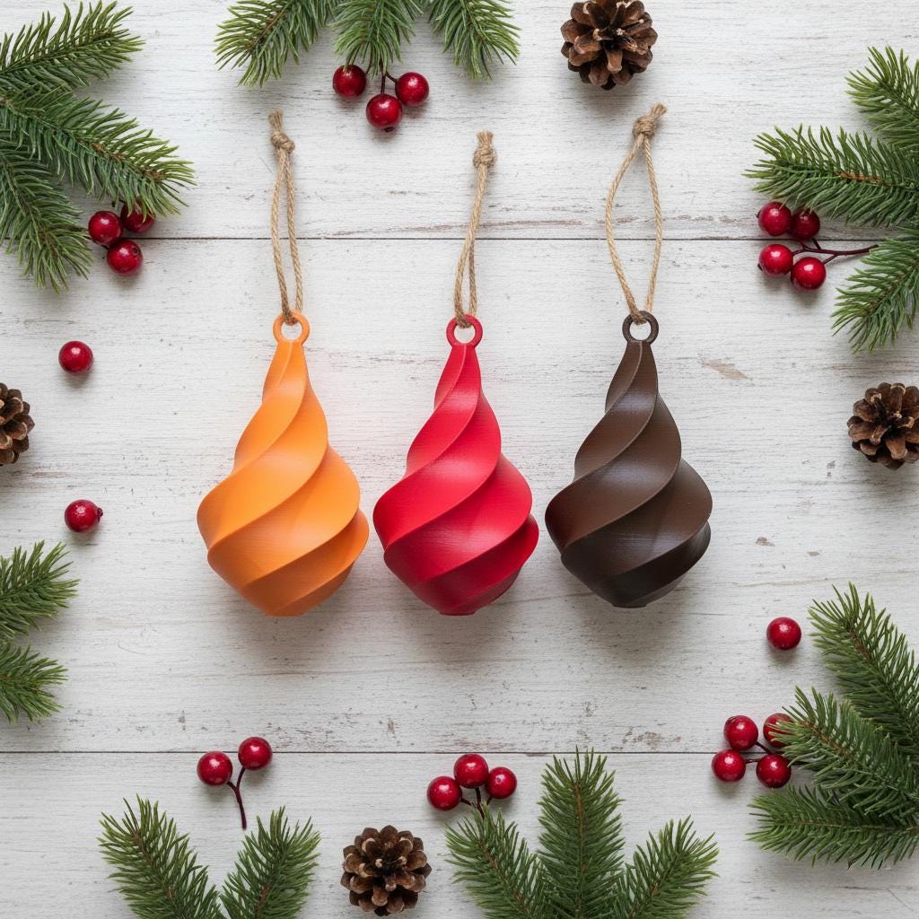 Modern Spiral Christmas Ornaments Set of 3 | 3D Printed Holiday Decor
