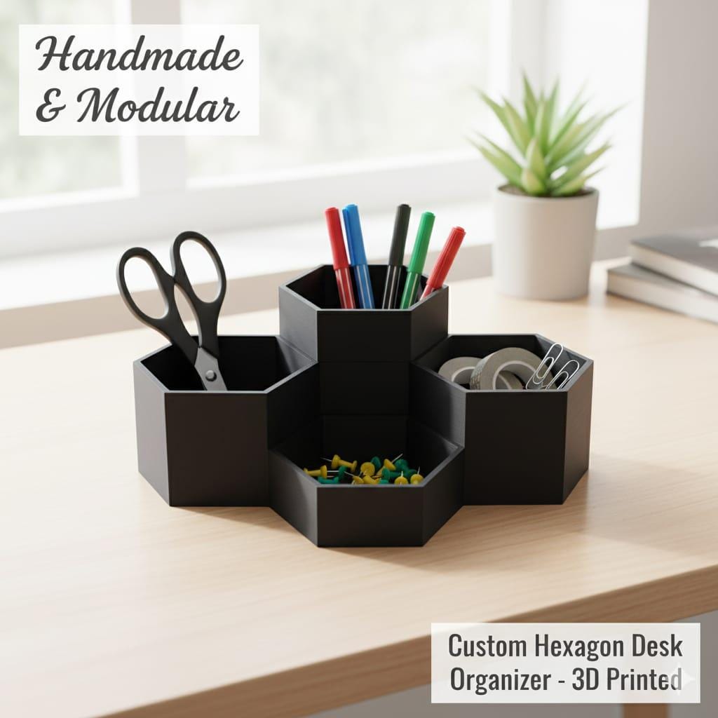Modular 3D Printed Hexagon Desk Organizer | Custom Office Storage Set