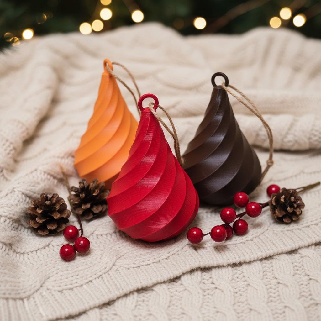 Spiral Teardrop Christmas Ornaments Set of 3 | 3D Printed Modern Holiday Decor