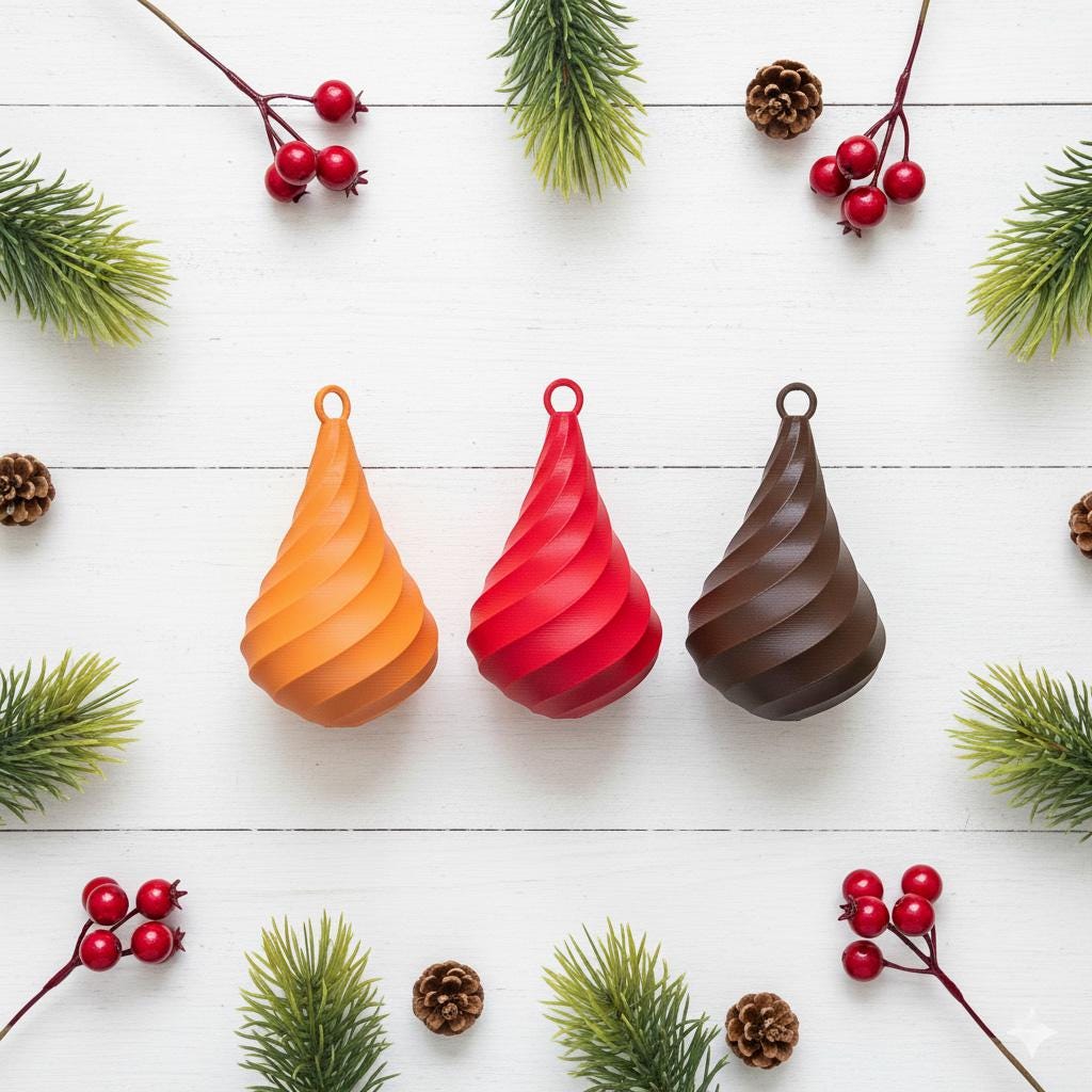 Spiral Teardrop Christmas Ornaments Set of 3 | 3D Printed Modern Holiday Decor