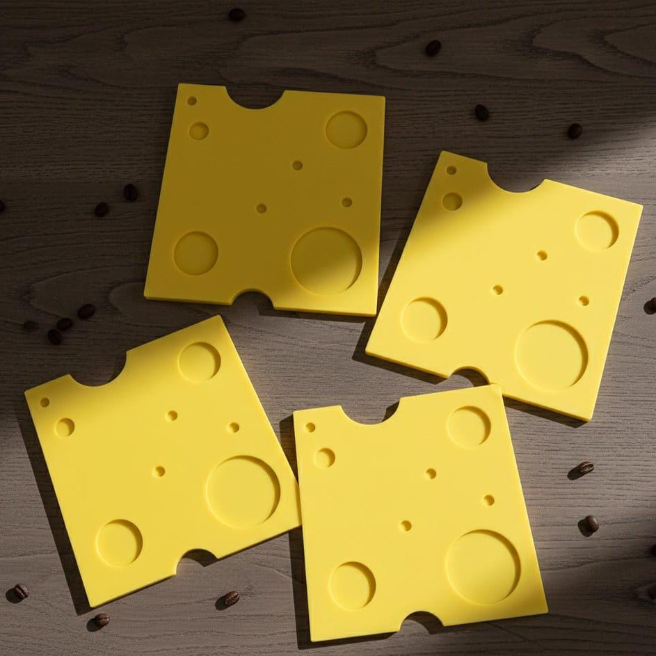 Yellow Cheese Slice Coasters Set of 4 | Fun 3D Printed Novelty Drink Mats