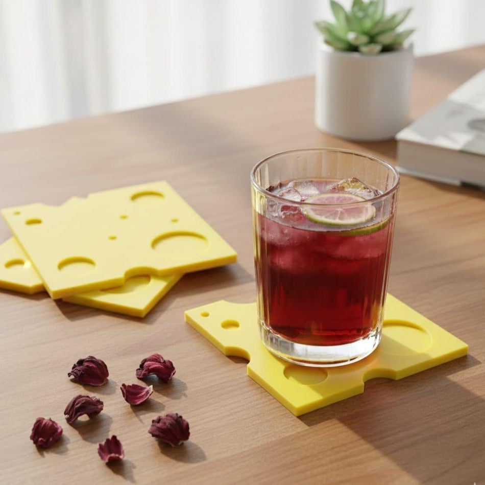 Yellow Cheese Slice Coasters Set of 4 | Fun 3D Printed Novelty Drink Mats