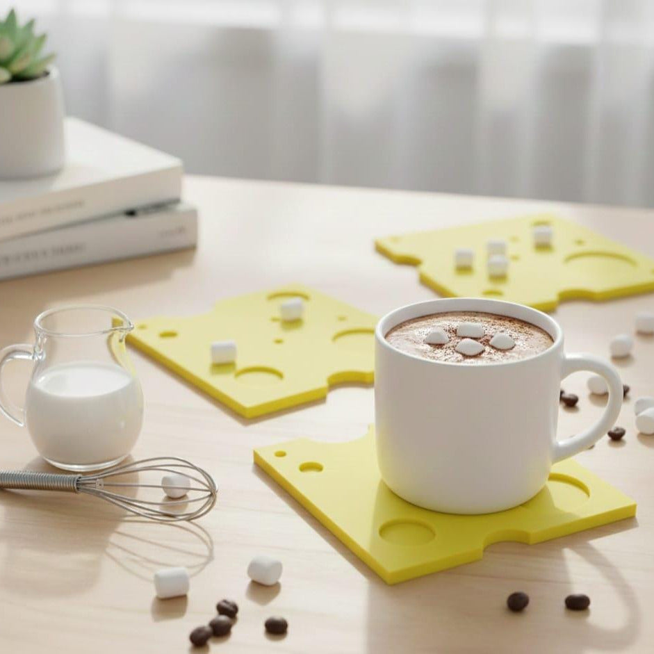 Yellow Cheese Slice Coasters Set of 4 | Fun 3D Printed Novelty Drink Mats